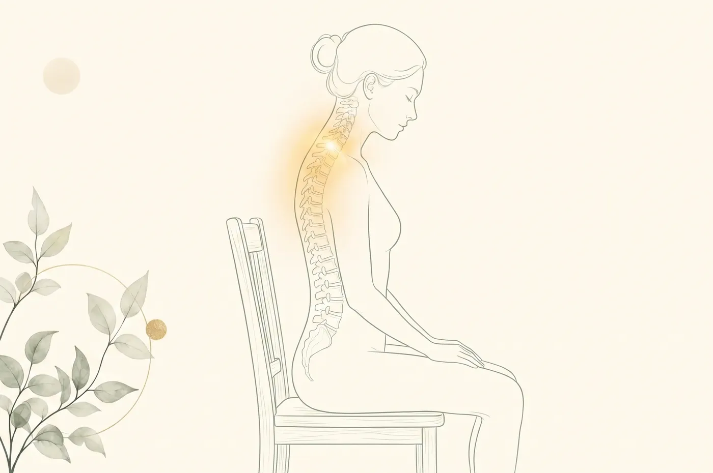 의자에 앉은 사람의 경추와 등을 표현한 라인 일러스트 — 교통사고 후유증