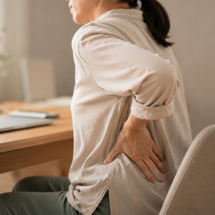 수원허리디스크 - 앉아서 허리를 짚는 중년 여성의 허리 통증